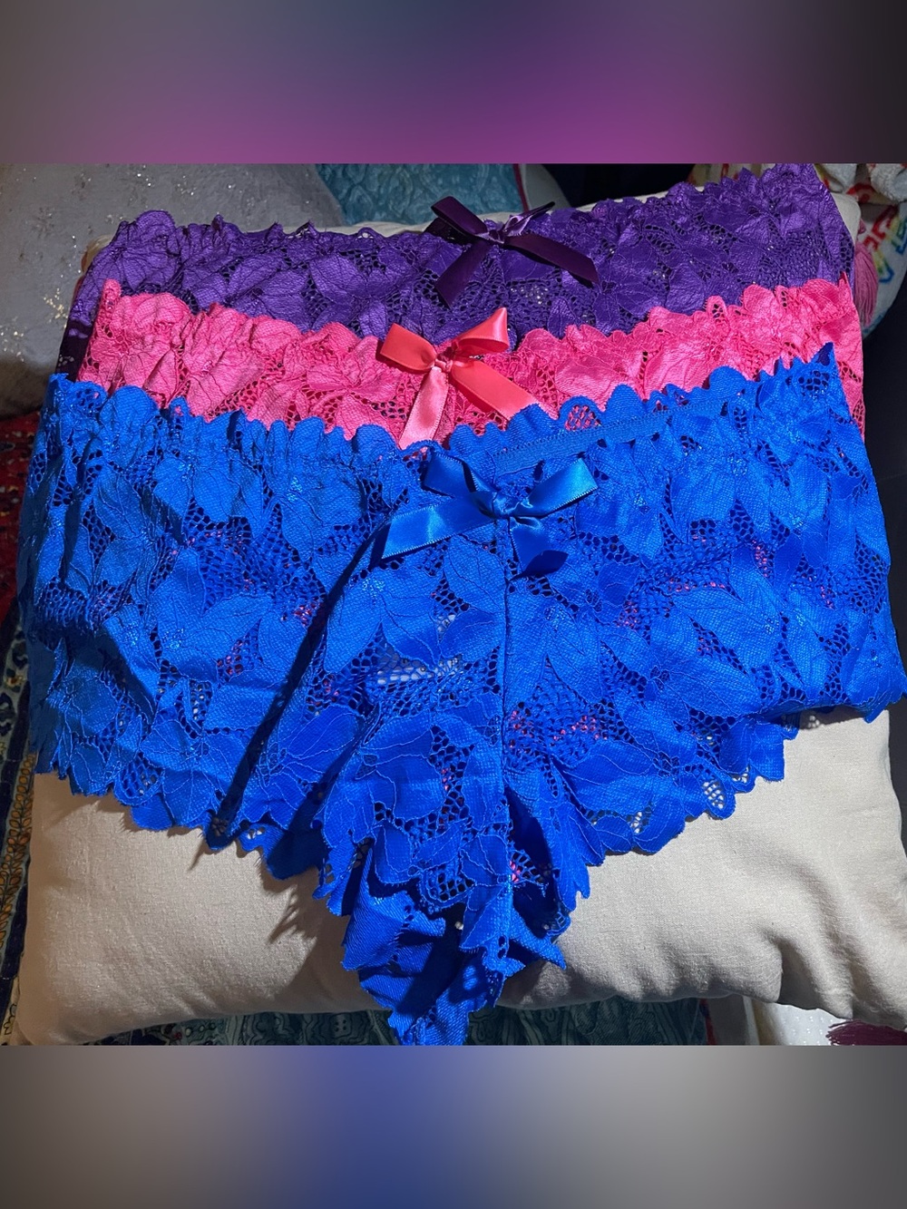 Lace Boyshorts Trio in Royal Blue, Hot Pink & Purple 3X NEW